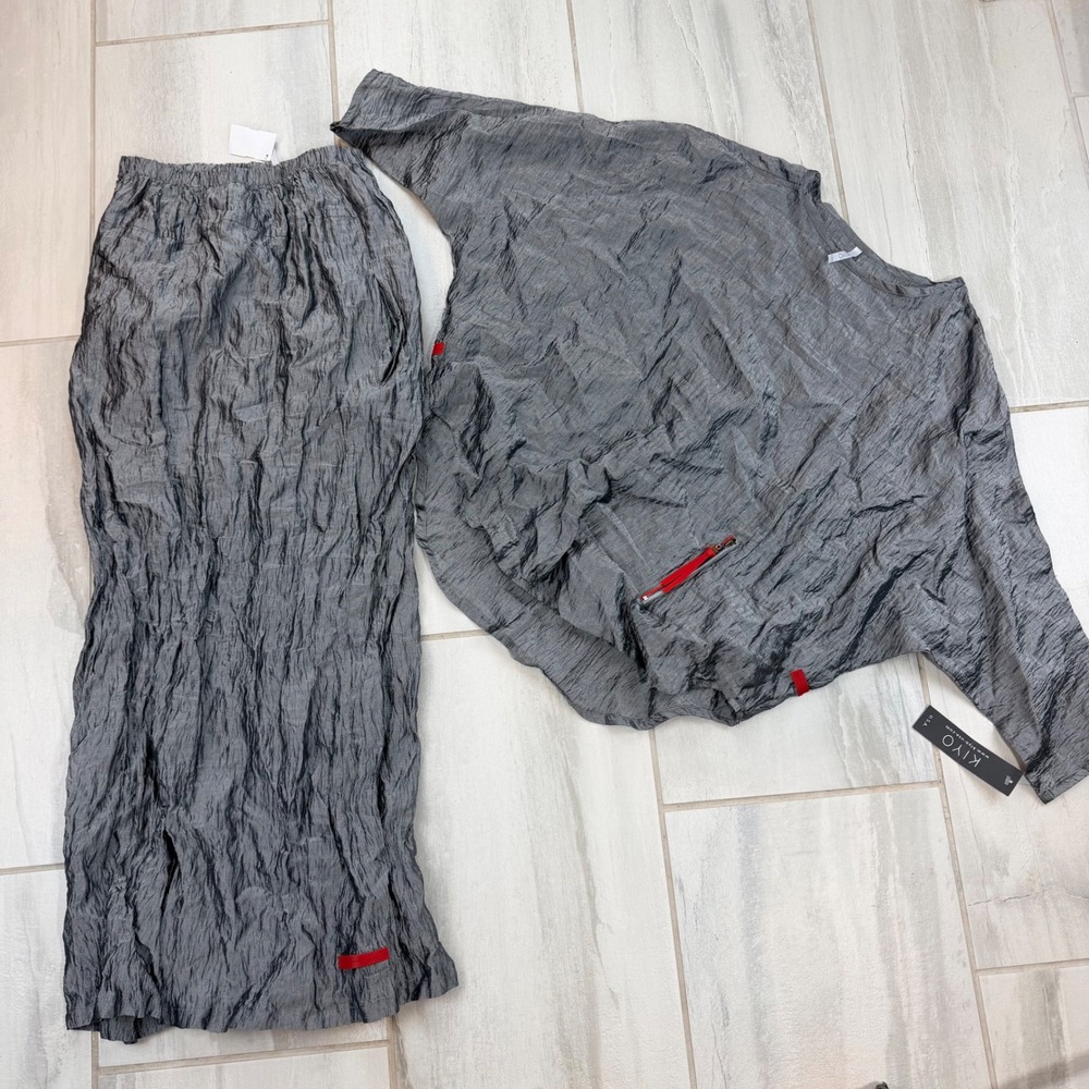 Kiyo USA XS Grey Crinkle Rayon Stainless Steel Dolman Top Maxi Skirt Set NWT